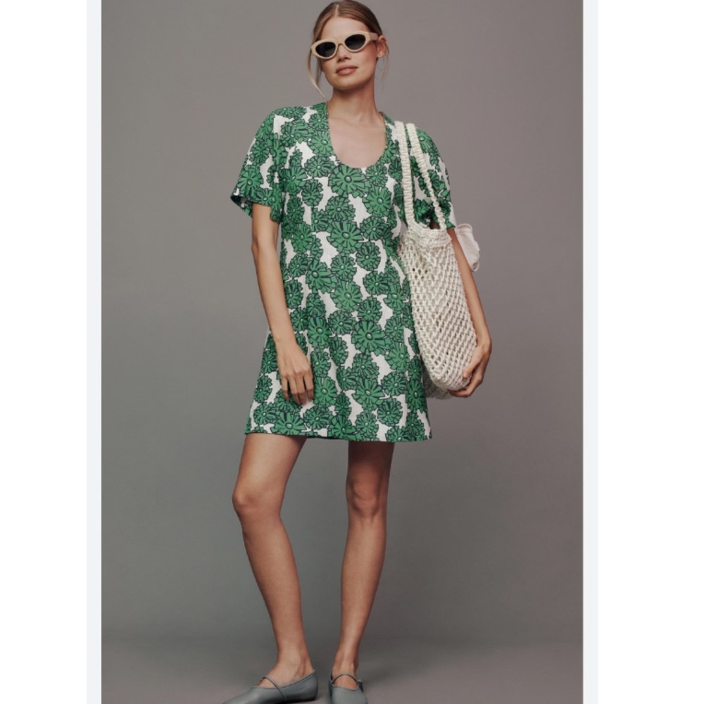 PORRIDGE SHORT-SLEEVE CREW-NECK LINEN PRINTED MINI DRESS